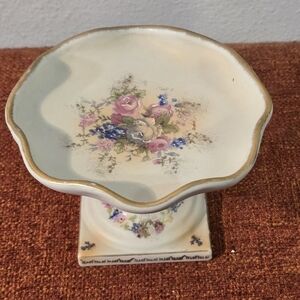 Vintage Abingdon Pottery Pedestal Dish Floral Gold Trim USA 1940s Compote 6"